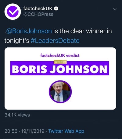 factcheckUK tweet declaring Boris Johnson as debate's clear winner
