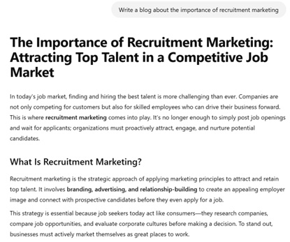 screenshot of a ChatGPT response on the importance of recruitment marketing